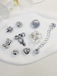 9PCS Shoe Charms ABS Decorations Accessories Hot Sale DIY Clog Buckle Shoes Silvery Bow Chain Ornaments For Lady Bubble Slides