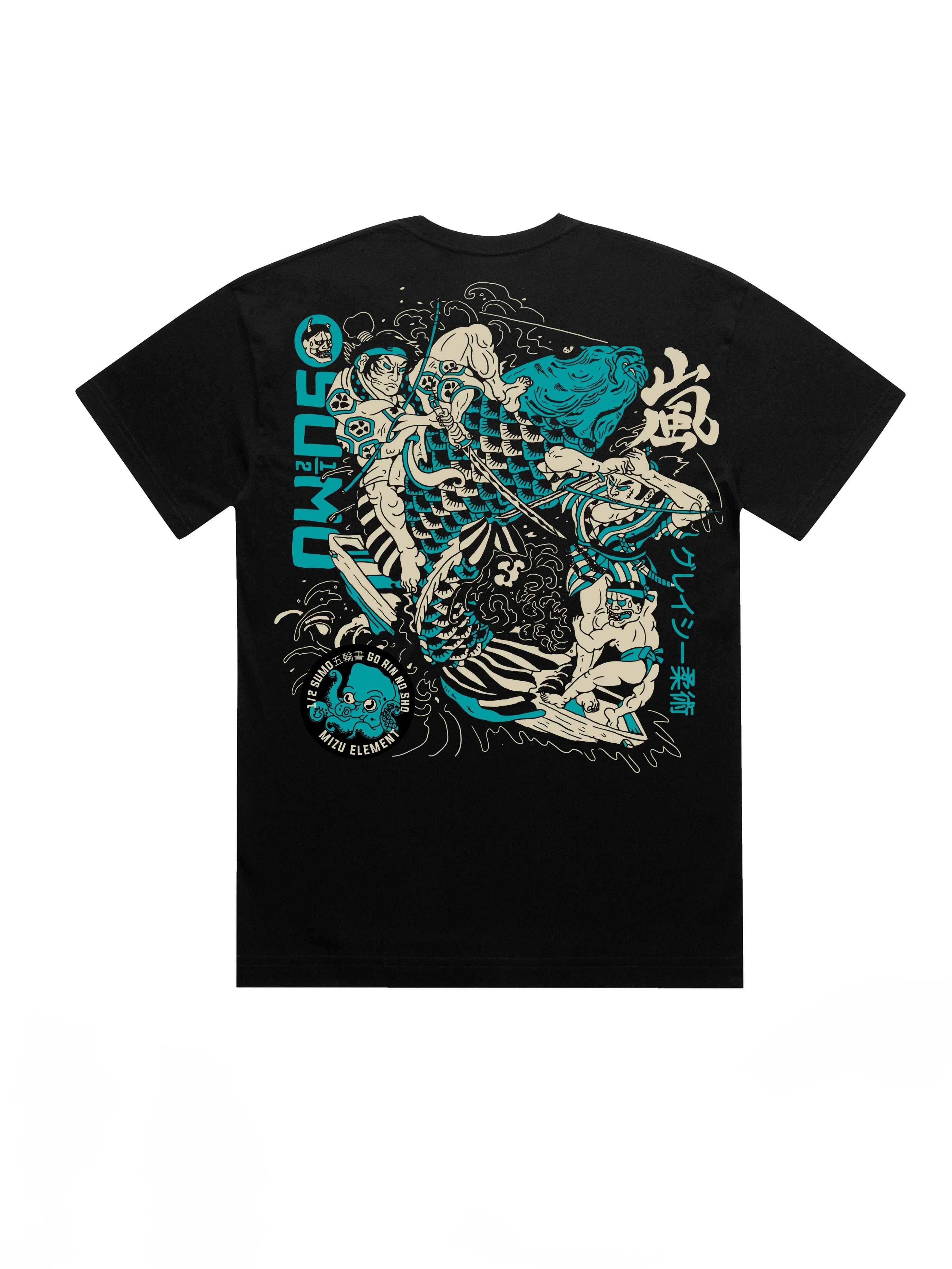 Summer Oversized White T-Shirt 2026, Vintage Ukiyo-e Koi Wrestler Wave Art Back Print Vertical Script Casual Streetwear Top Kids