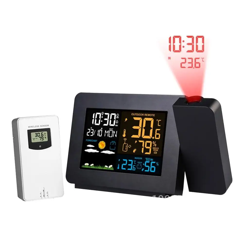 FanJu Digital Alarm Clock Weather Station LED Temperature Humidity Weather Forecast Snooze Table Clock With Time Projection