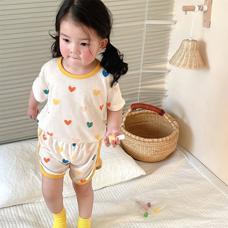 1 set Boys And Girls Pajamas Summer Fashion Ice Silk Thin Home Clothes Baby Short-sleeved Shorts 2-piece Air-conditioned Clothes