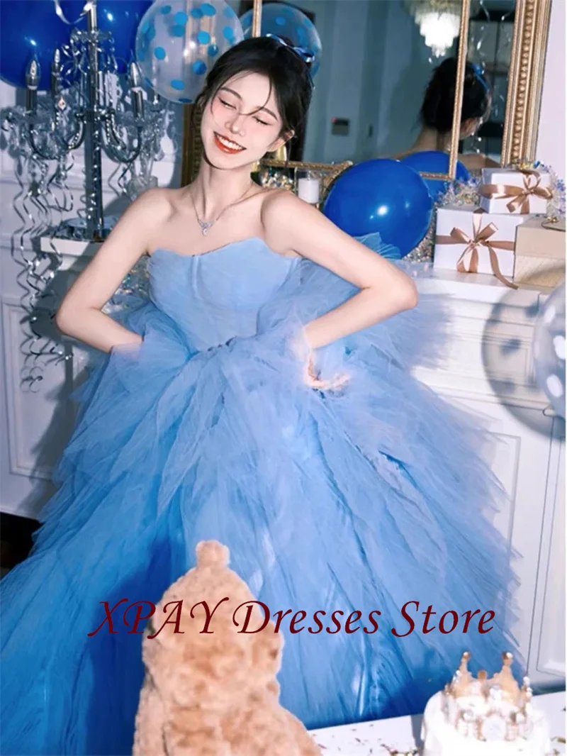 XPAY Princess Blue Ruffles Tulle Wedding Dresses Korea Photo shoot Sweetheart Dusty Pink Evening Party Gowns Birthday Customized