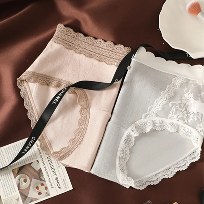 3 szt. Majtki damskie francuskie koronkowe majtki ze średnim stanem seksowna oddychająca bielizna z czystej bawełny miękkie wygodne figi Intimates