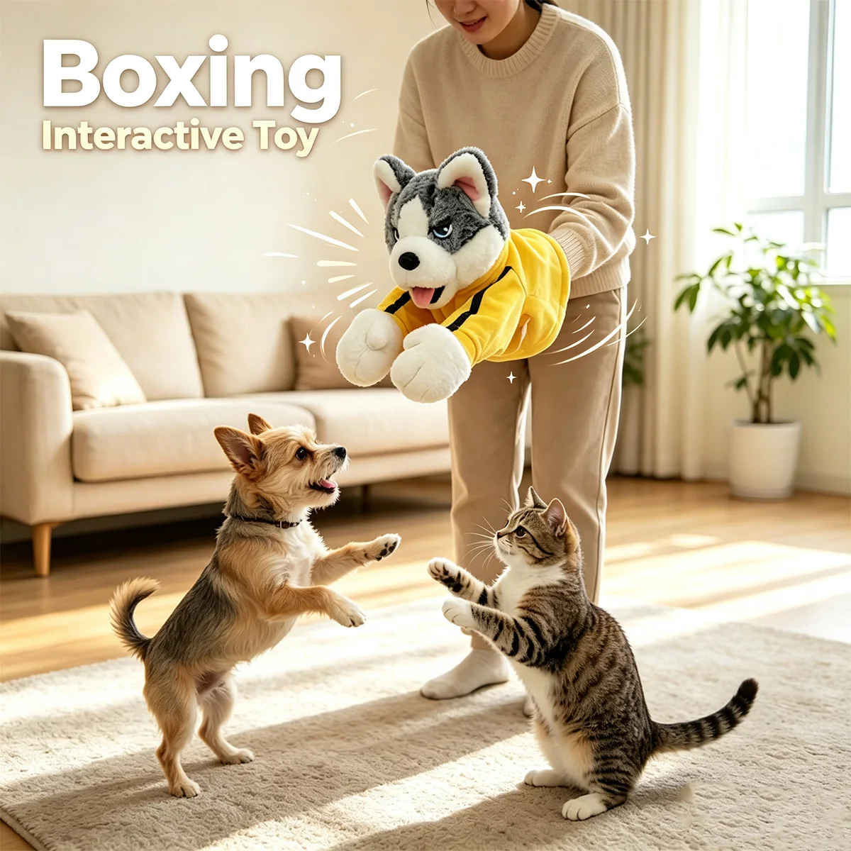 Boxing Interactive Toy Husky Glove Doll Interactive Puppy Plush Toy with Sound Effects Funny Cat Toys for All Cats Dogs and Kids