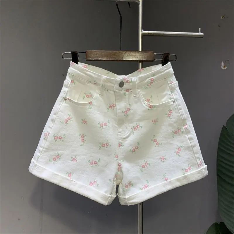 

High Waist White Floral Print Turn-Up Denim orts Women's plus Size Spring Summer New Sle Slimming Wide Leg Hot Pants