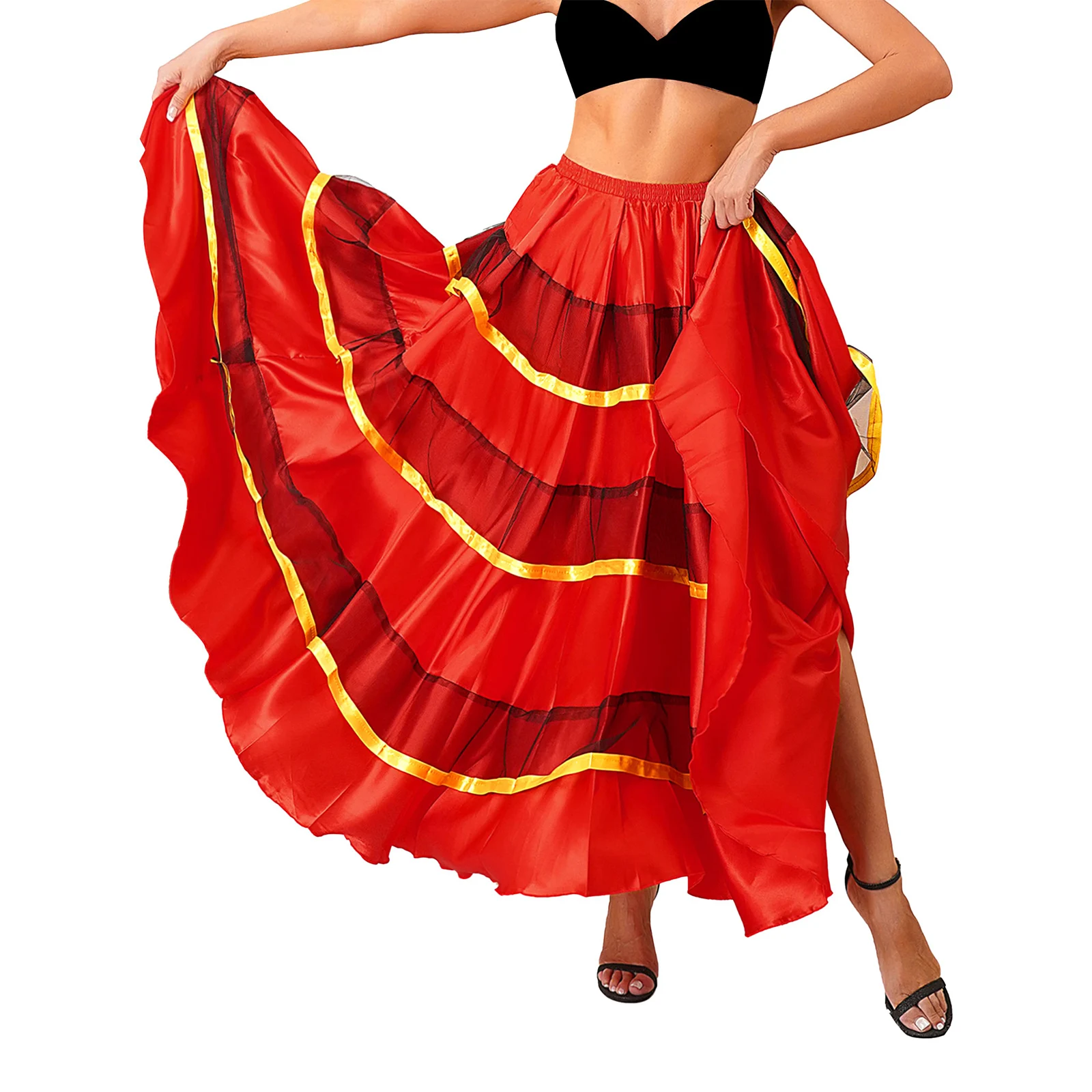 Womens Gypsy Flamenco Big Swing Belly Spanish Satin Dance Skirt Tiered Ruffles Wide Hemline Ballroom Twirling Dancing Skirts