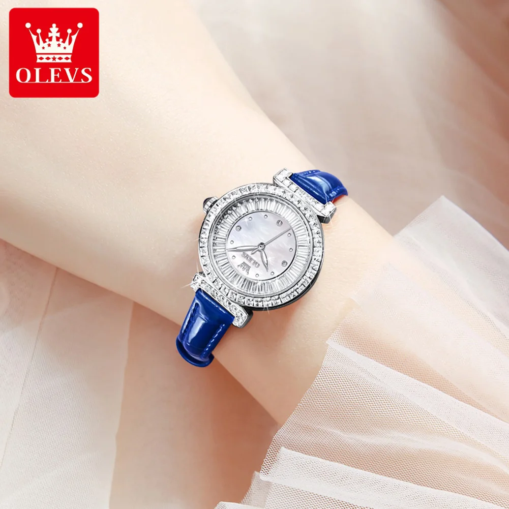 OLEVS-Montre-bracelet à quartz étanche pour femme, montres d'affaires de luxe, bracelet en cuir bleu, date, 9983