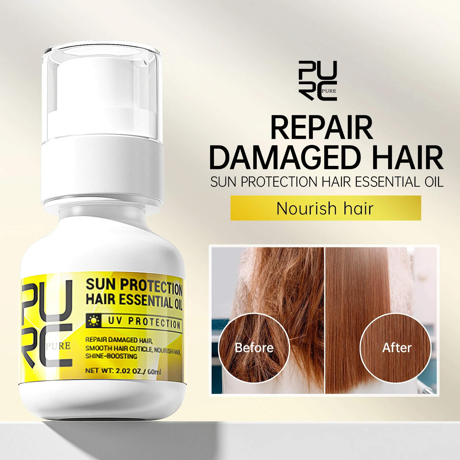 

PURC Sun Protection Hair Oil Smoothing Repair Damage Frizzy Anti UV Moisturizing Shiny Curly Hair Care Products 60ml