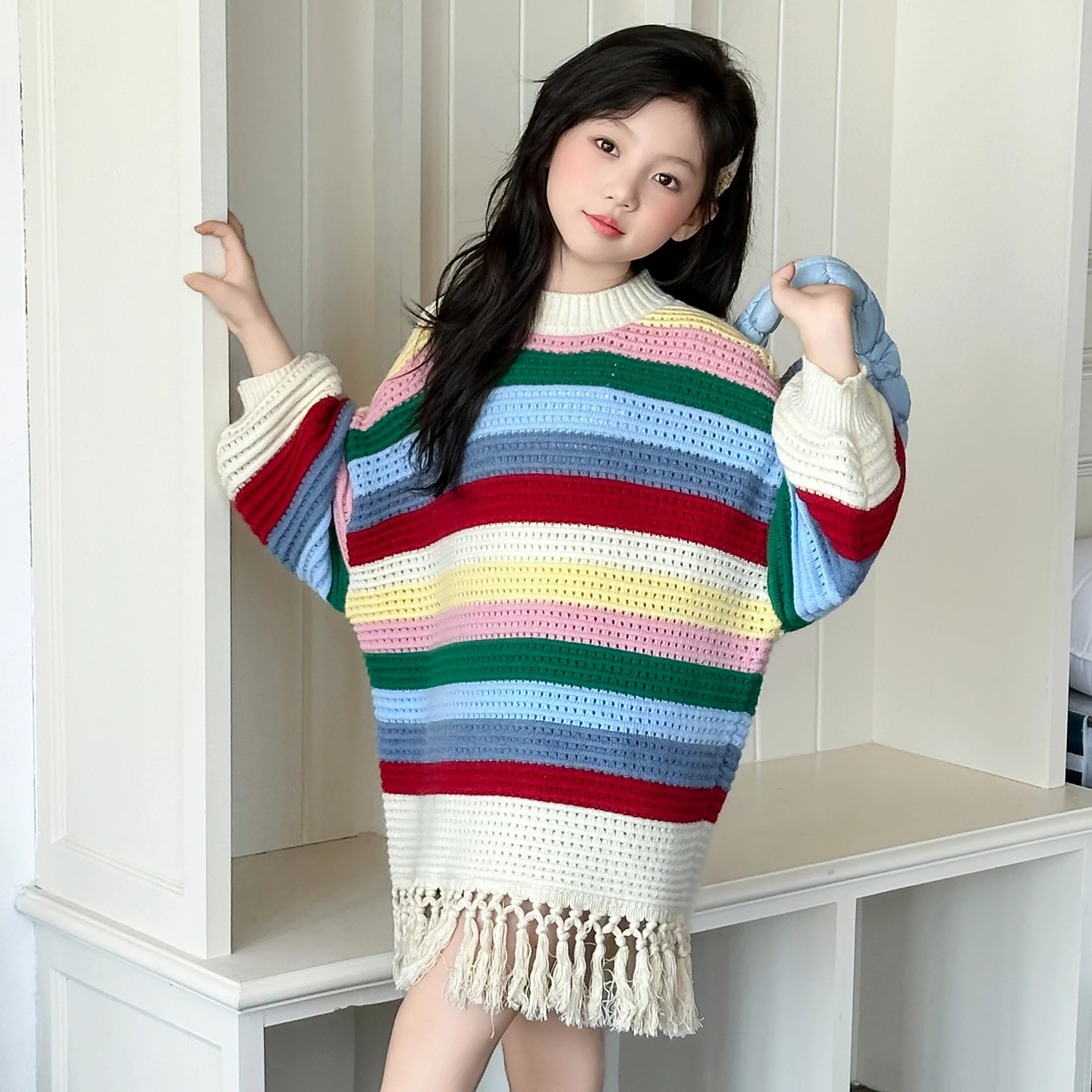 جديد الخريف الاطفال Y2K القوطية قوس قزح شريط سترة مع شرابة للمراهقات موضة الشارع البلوز كول الجوف خارج تريكو #3