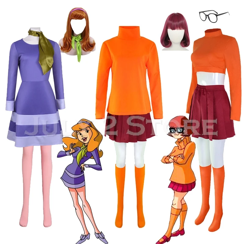 

Scoo Velma Daphne Cosplay Costume Shaggy Outfit Uniform Wig Anime Woman Skirt Glasses Halloween Party Set Girls Party Role play