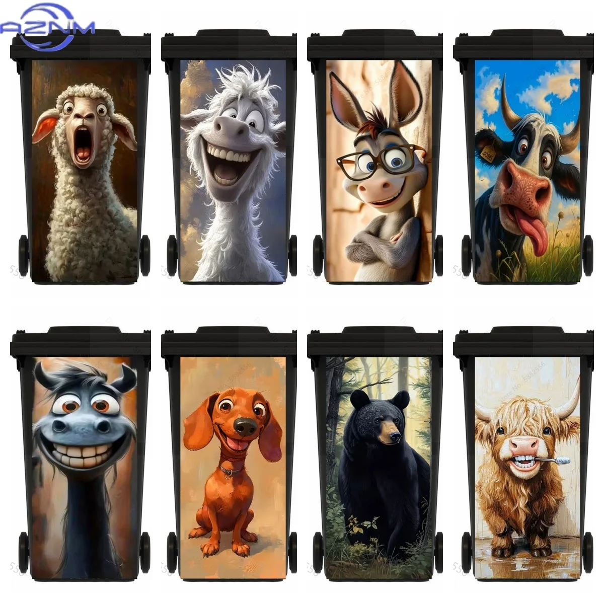 Funny Cartoon Horse Trash Can Stickers Smiling Animal Cat Sheep Vinyl Decal Home Decor Waterproof Anti-Slip Bin Decor Easy Cle