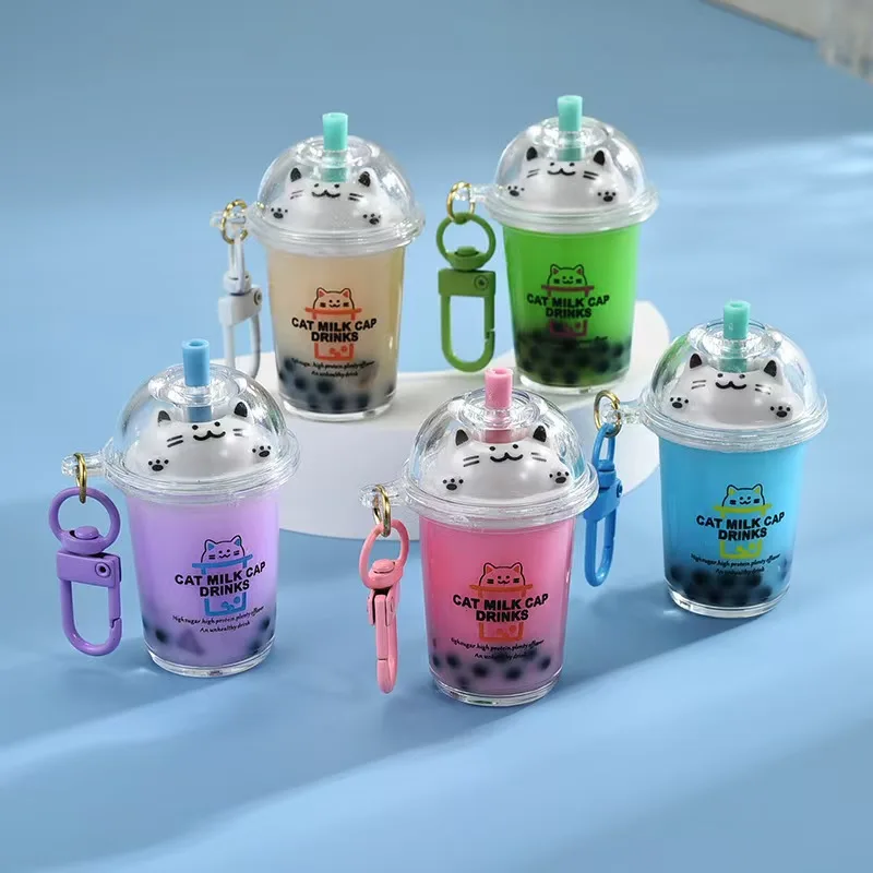 Tazas de té de la leche creativas y lindas, llaveros de té de la leche con perlas de gato, botellas de arena famosas en Internet, llaveros de coche, colgantes de bolsa