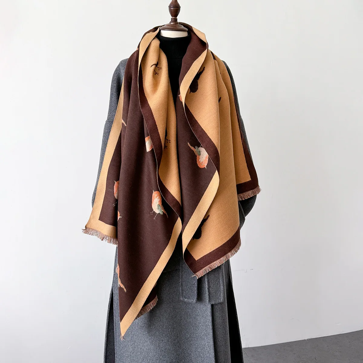 

New Women Winter Scarf Cashmere Pashmina Shawls and Wraps Bufandas Bird Print Warm Thick Scarves Blanket for Lady