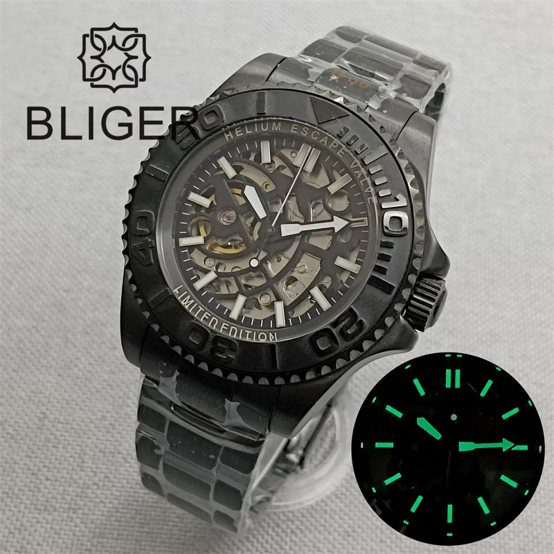 

BLIGER 43mm Watch for Men NH70 Hollow Skeleton Design Sapphire Crystal Luxury Diver Clock Reloj Hombre 904L Steel Bracelet Lume