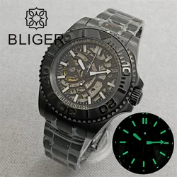 BLIGER 43mm Watch for Men NH70 Hollow Skeleton Design Sapphire Crystal Luxury Diver Clock Reloj Hombre 904L Steel Bracelet Lume