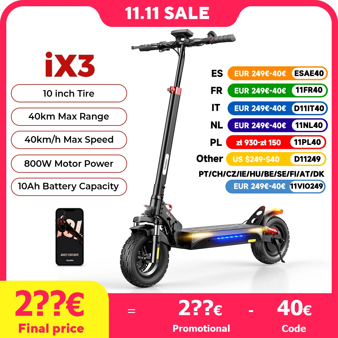 iScooter iX3 800W Powerful Electric Scooter 40KM Range 10inch Off Road Tire Electric Kick Scooter 10Ah 40KM/H Scooter for Adults