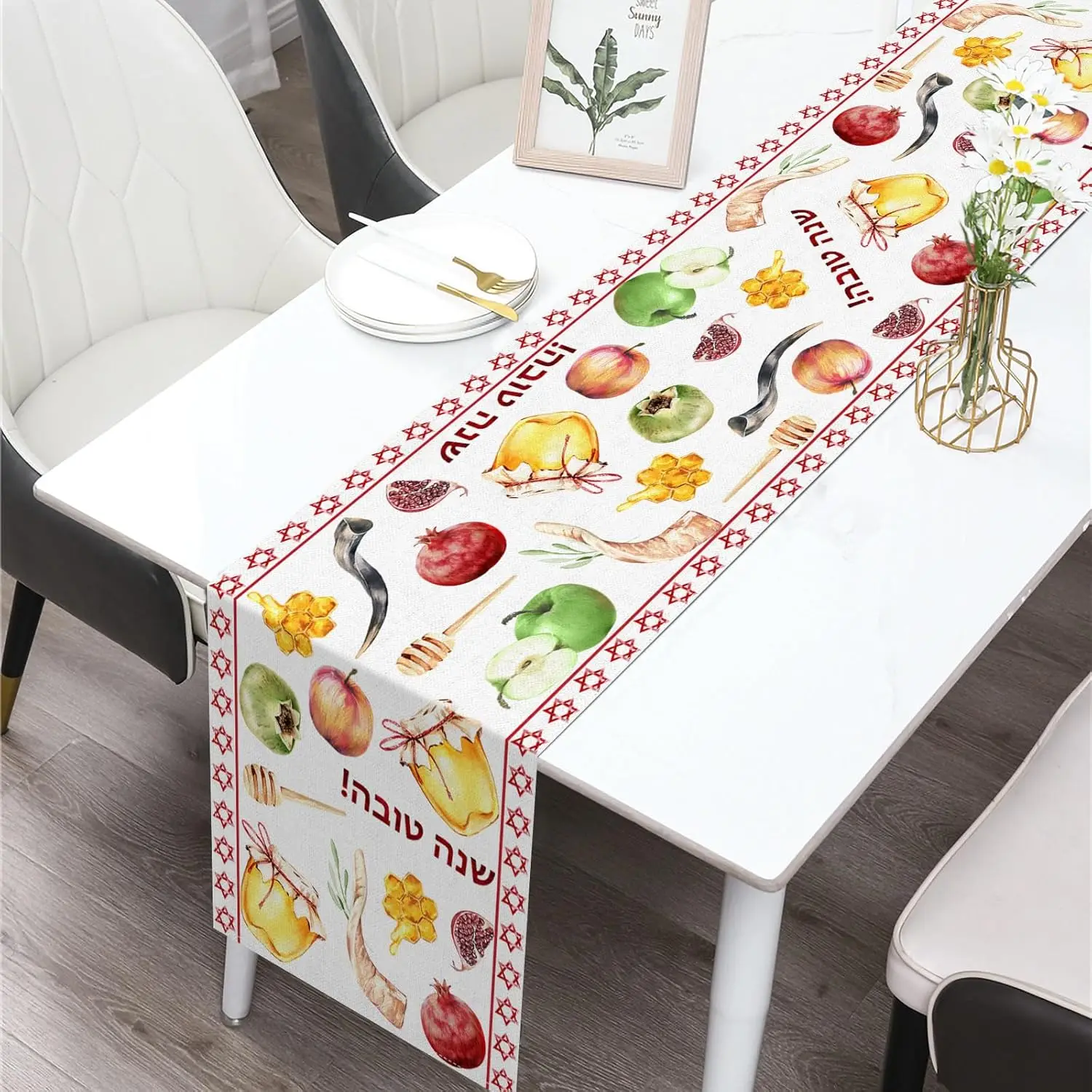 Rosh Hashanah Linen Table Runner Party Decoration Shana Tova Honey Sheep Horn Pomegranate Table Runner Jewish New Year Decor