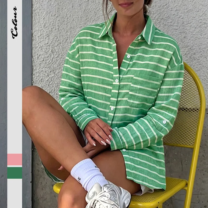 Chic 2026 Christmas Casual Shirt Tops Female Long Sleeve Loose Fashion Blouses Top Fresh Wind Lapel Striped Shirt Women Y2K