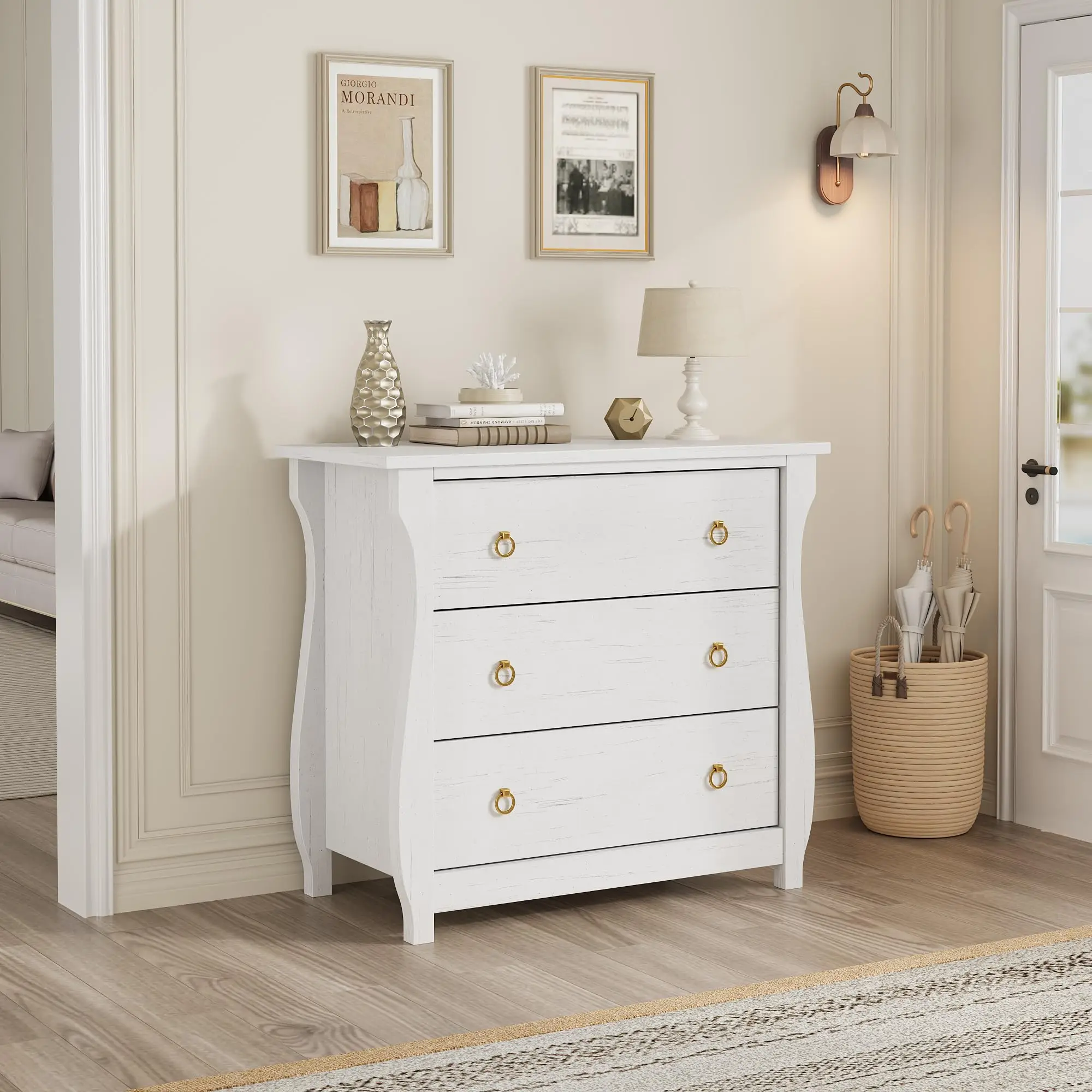 Meuble de rangement moderne à 3 tiroirs pour salle à manger – Meuble de rangement en bois blanc avec poignées en métal noir – Design bohème avec pieds courbés et détails en rotin – Idéal pour la salle à manger, la cuisine ou le couloir (76x40x74 cm)