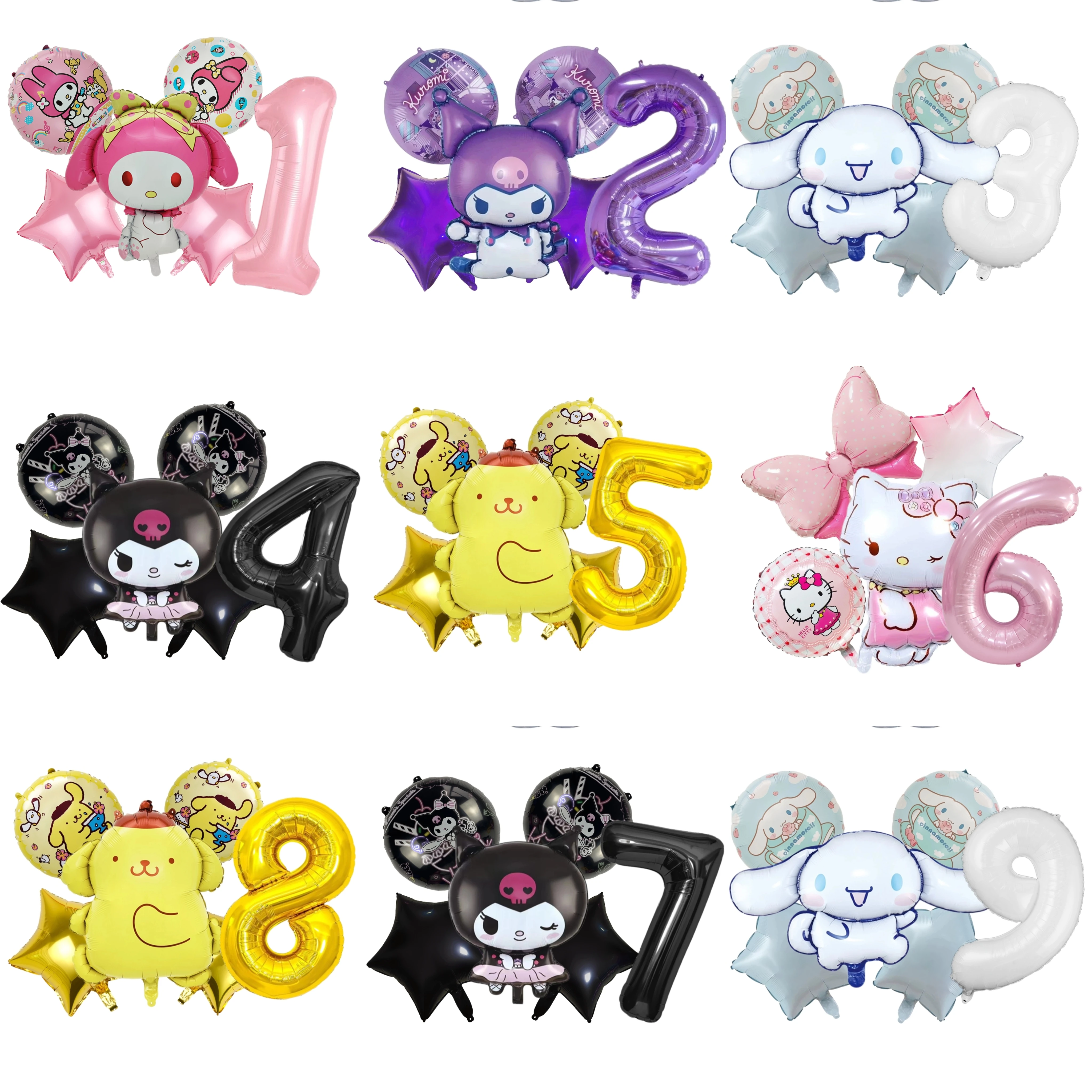 6 SZT. Balony z cyframi 0-9, urocze balony z folii aluminiowej z motywami Kuromi, My Melody i Cinnamoroll, idealne na festiwale, dekoracje na przyjęcia, prezenty urodzinowe dla dzieci i dziewczynek.