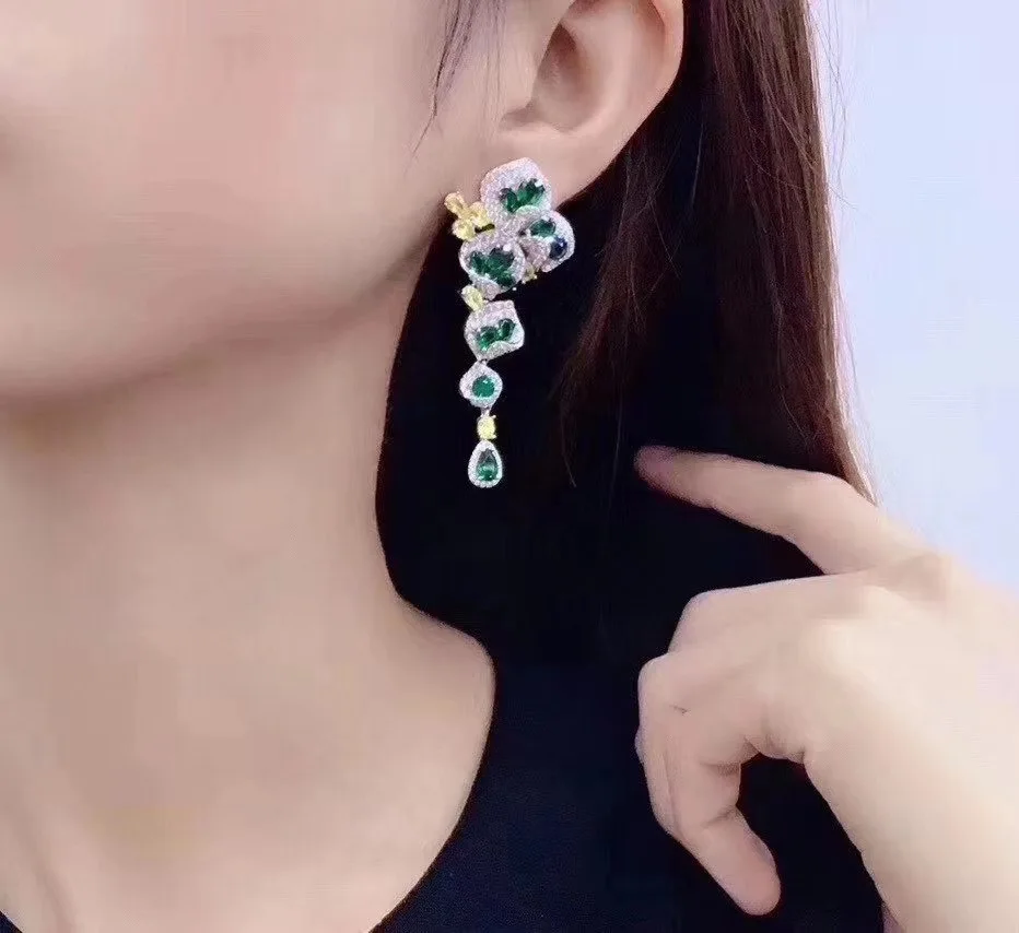 Emerald Silver Earrings Women's 925 Silver Needle Zircon Long Silver Stud Earrings Pendant 4