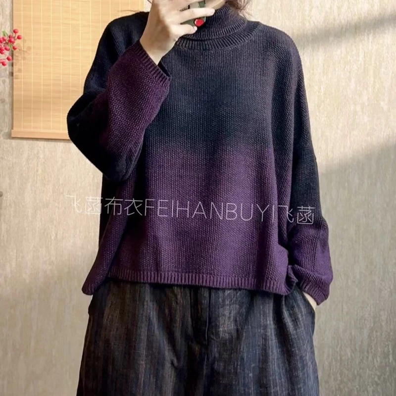 2025 New Arrival Autumn Women All-matched Vintage Pullover Loose Turtleneck Long Sleeves Gradient Color Knitted Sweater F84