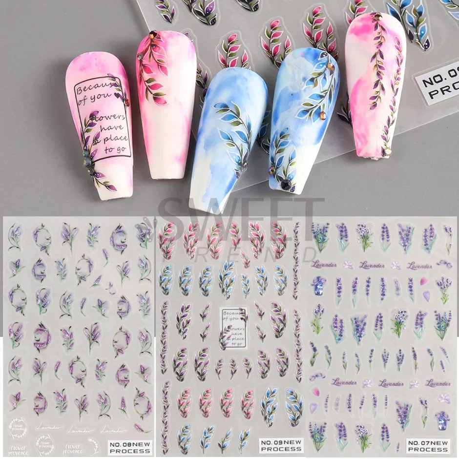 3D bohème mat nouveau autocollant pour ongles breloques broderie Boho Design manucure violet fleur vigne décalcomanies Nail Art accessoires curseurs