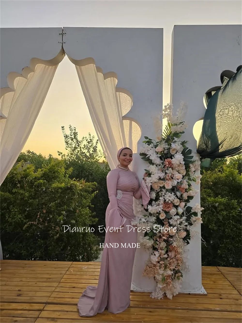 Dianruo فساتين سهرة بأكمام واسعة وردية على شكل حرف A فساتين حفلات أنيقة من الساتان برقبة دائرية فستان حفلات الزفاف العربي السعودي حسب الطلب