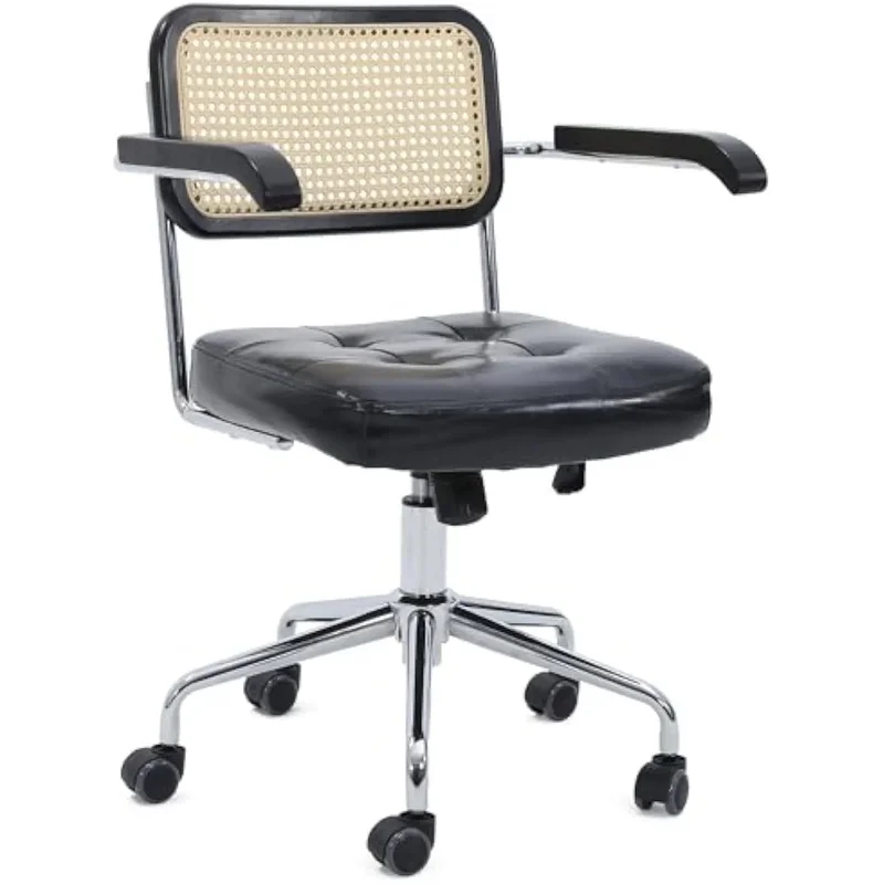 

Vintage Mid Century Modern Rattan Office Desk Chair, 360° Swivel, Height Adjustable, Tilt Function, Black Leather