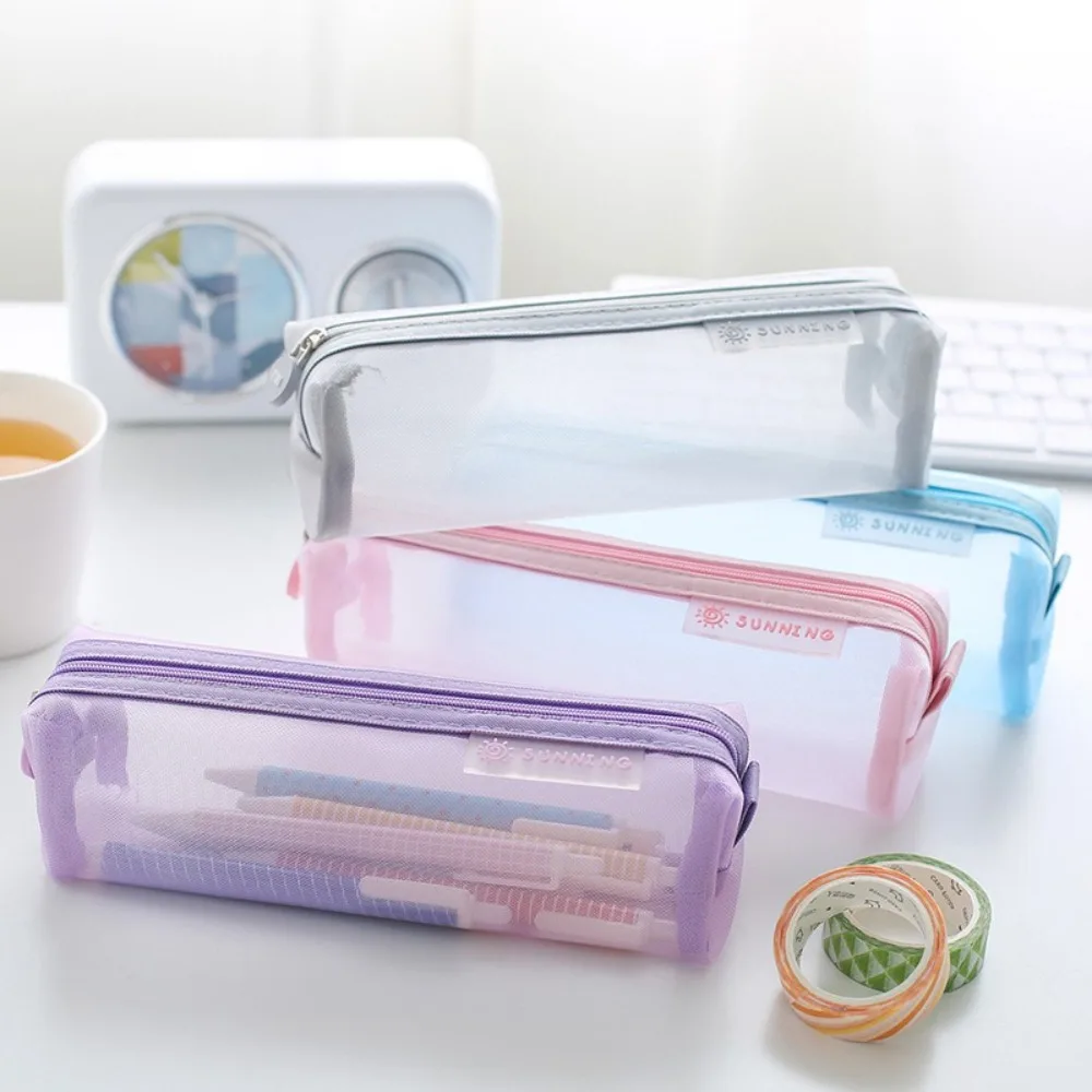New Translucent Mesh Pencil Bag Storage Bag Multicolor Pencil Pouch Large Capacity Stationery Bag Art Supplies