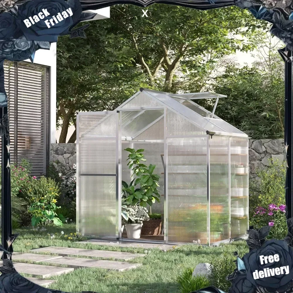 6' x 4' Greenhouse for Outdoors, Polycarbonate Greenhouse with Rain Gutter and Roof Vent, Aluminum Walk-in Green Houses