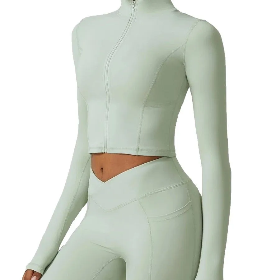 

Модная быстросохнущая спортивная куртка с воротником-стойкой и длинными рукавами для йоги на молнии, спортивная куртка телесного цвета для бега и велоспорта