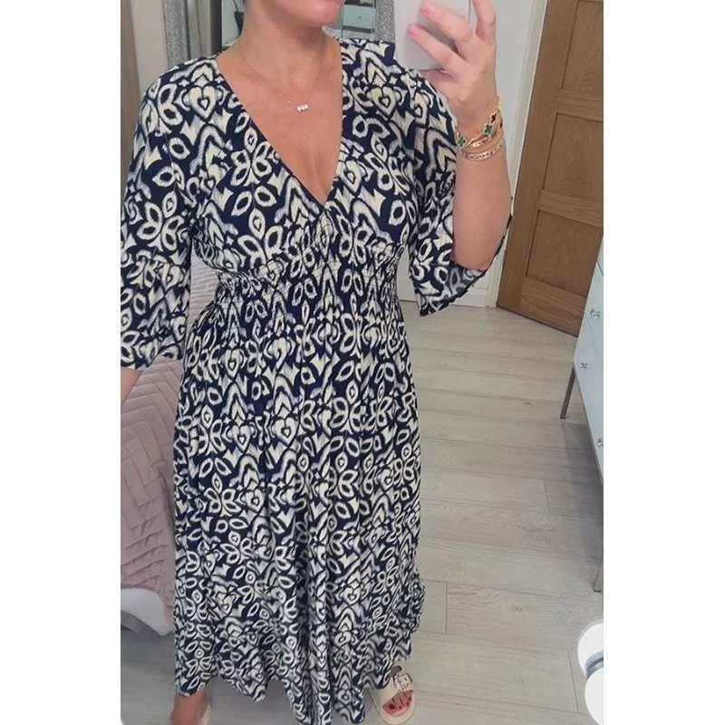 ボヘミアンカジュアルプリント-v-ネック伸縮性ウエストラップロングドレスレディースファッション快適なルーズフィットマキシドレス