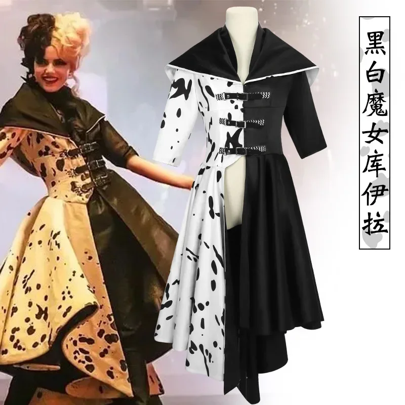 Halloween 2021 Cruella Costume Cosplay Evil Queen Black White Coat Evening Party Dress Fashion Emma Magic Performance Outfit MS4