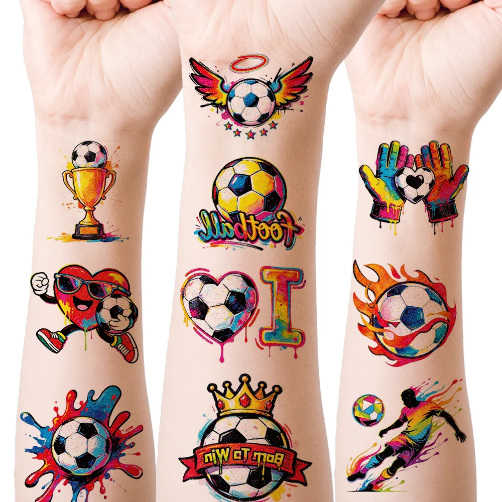 30 pegatinas de tatuajes de fútbol para aficionados, movimientos de fútbol, campos de fútbol, camisetas, trofeos, tatuajes temporales de fútbol a prueba de agua