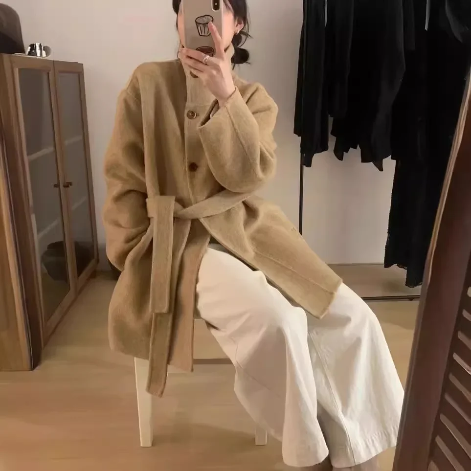 

2024 autumn and winter new Korean version of high-end stand-up collar double-sided cashmere coat women's medium and long smal