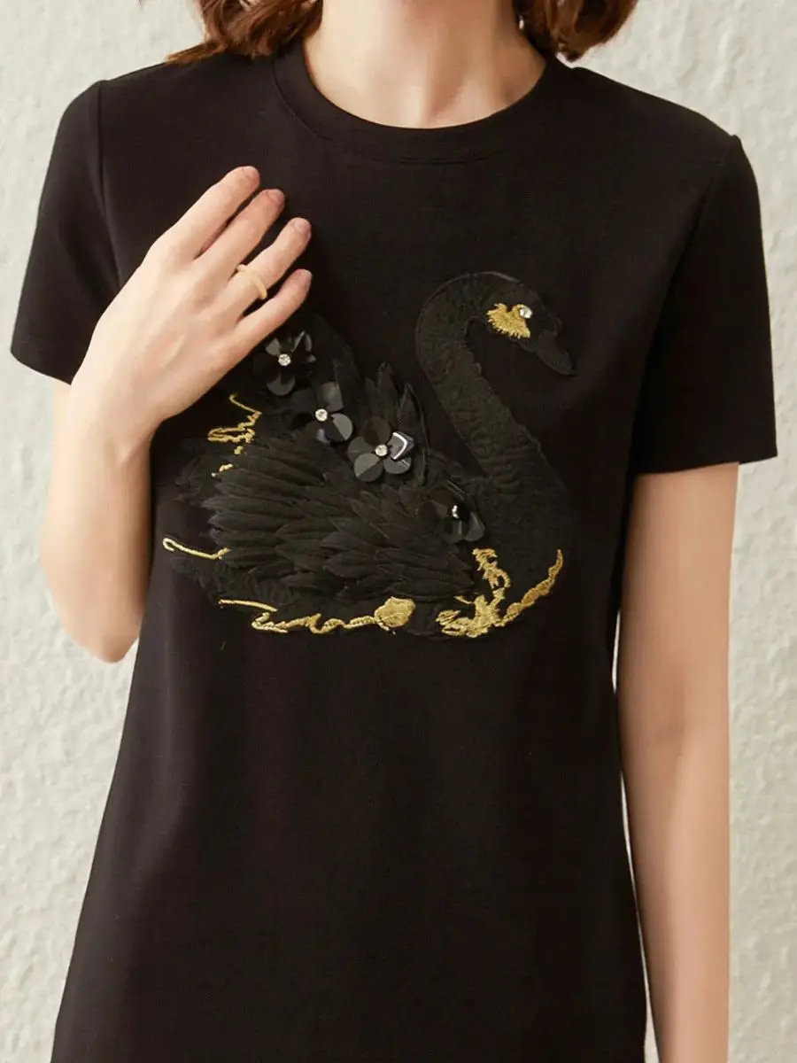 LOUIS YAO Women T-shirt Dress 3D Embroidery Swan Casual Straight Loose Fit Round Neck Short Sleeve Mid Length Dress