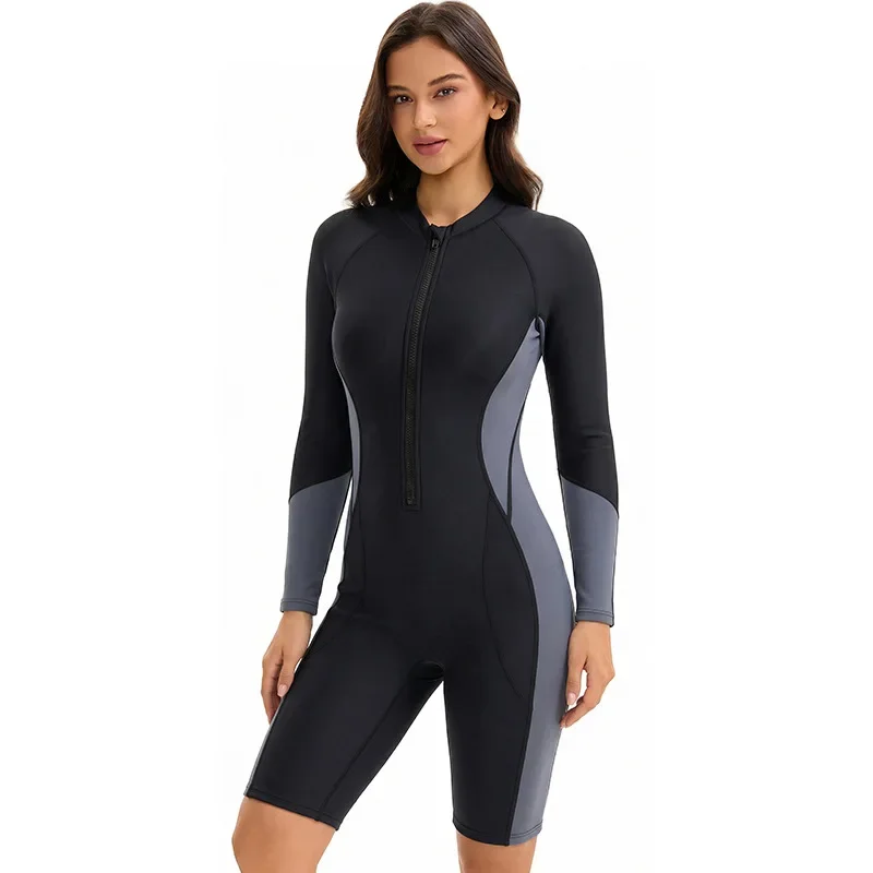 Women Long Sleeve One Piece Swimsuit Modest Surf Diving Suit Rash Guard Swimwear with Bra Pads High Elasticity Beachwear UPF 50+