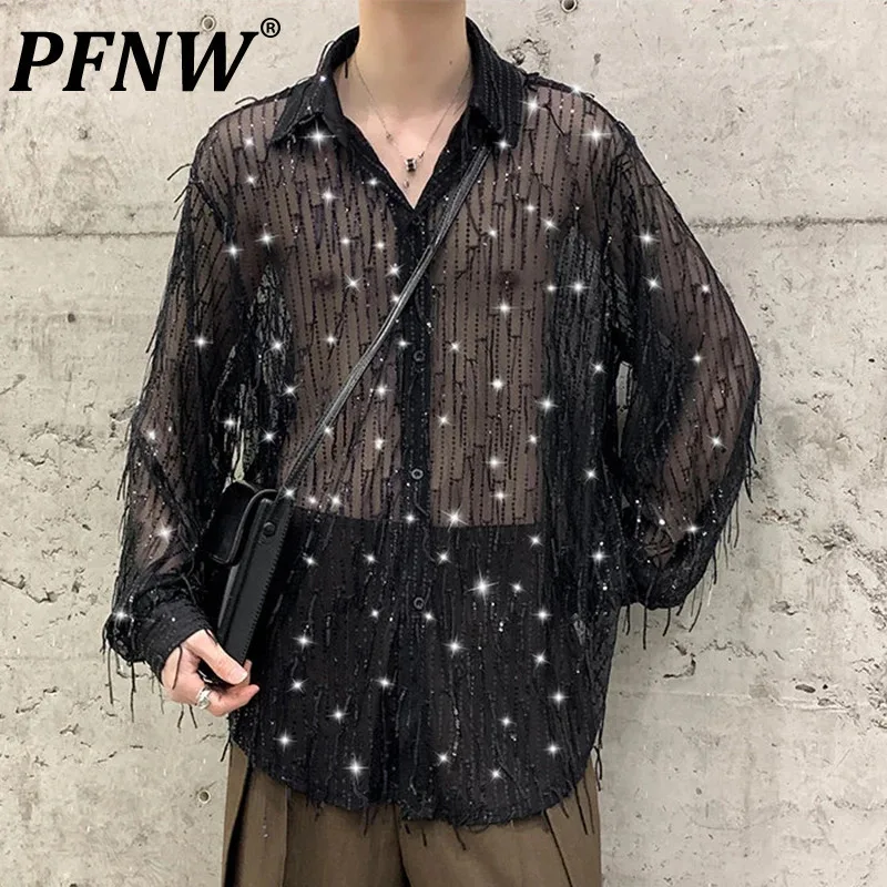 

PFNW Niche Design Men's Shirts Sequins Tassel Thin Clothing Turn-down Collar Long Sleeve Sexy Male Loose Clothing Stylish 12C911