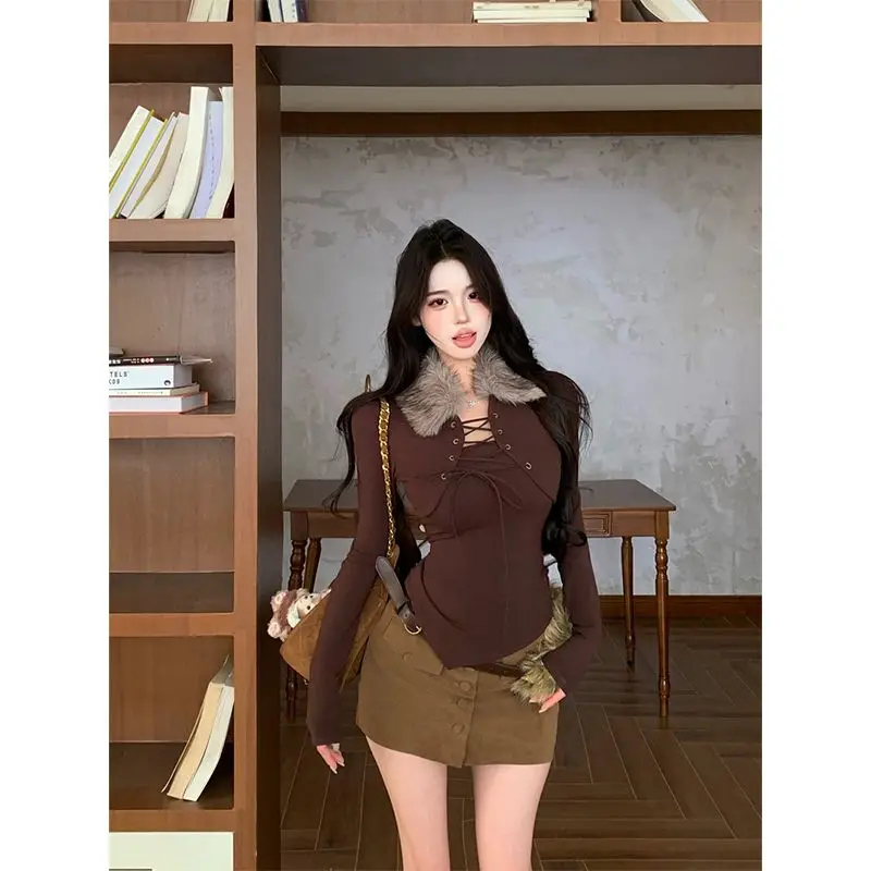 Kimutomo 2026 Luxury Faux Fur Patchwork Tie Detail Irregular Long Sleeve T Shirt Women Slim Fit Fake Two Piece Top