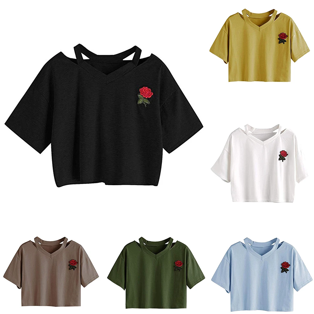 Femmes Sexy col en v brodé Rose T-Shirt court haut pour femme filles Blouse