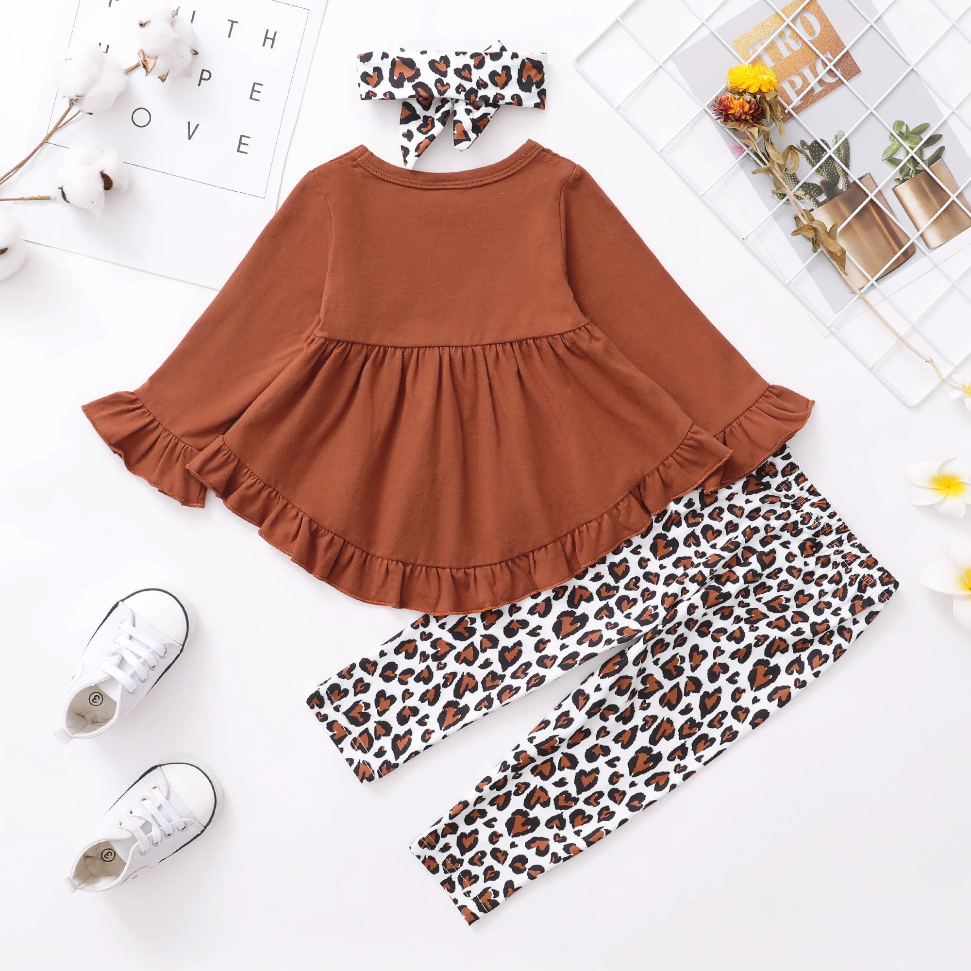 3pcs Baby Girl Clothes Toddler Girl Causual Outfit Ruffle Long Sleeve Shirt Leopard Print Pant Set Fall Winter Clothing For Girl