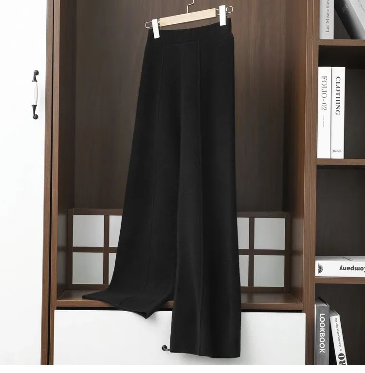 2024 Wide-Leg Pants Women's Mid-Stitching Modified Leg Shape Loose Slimming Knitted High Waist Pants Solid Color Trousers Women