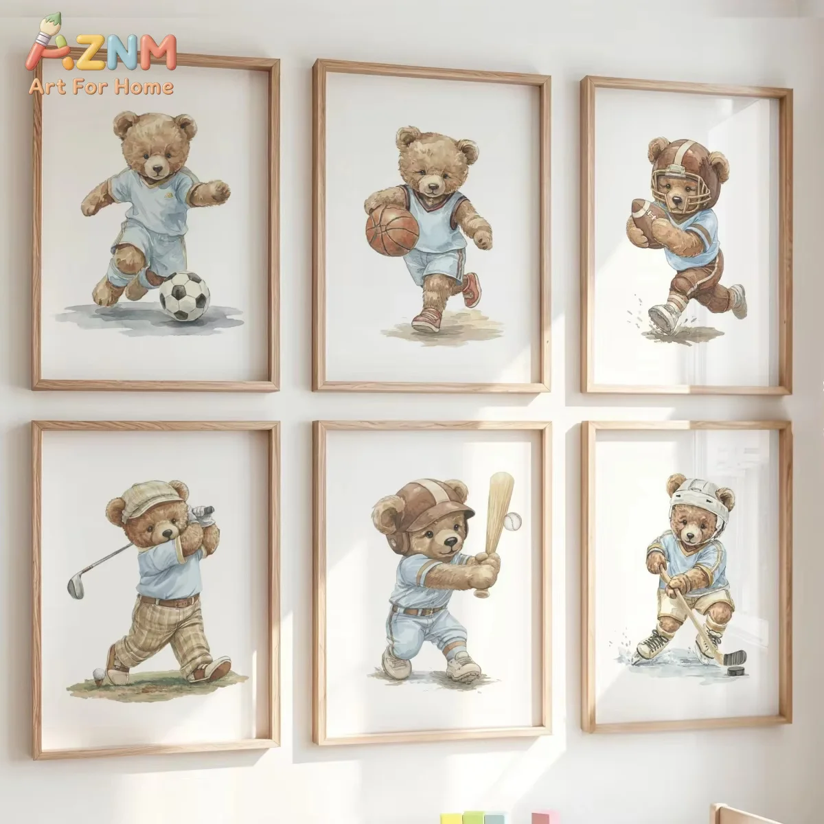 6 Stück Verspielte Niedliche Bären Sport Leinwanddruck Poster Moderne Aquarell-Illustrationen Kunstdrucke Wandkunst Wohndekoration