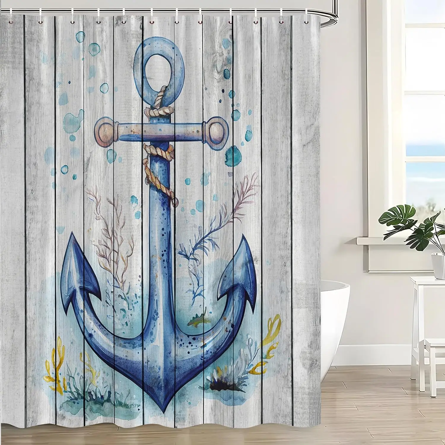 

Занавеска для душа с морским якорем, океанская прибрежная винтажная деревянная доска, морские водоросли, ретро, морская синяя, морская, деревенская, занавеска для ванной с крючками