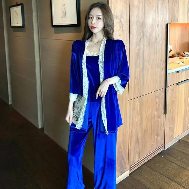 Autumn Winter New Female 3PCS Velvet Pajamas Set Sleepwear Casual Women Velour Lace Nightwear Pijamas Suit Loose Home Wear