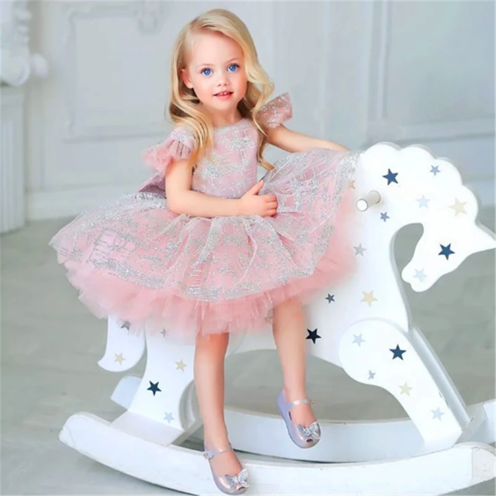 ชุดเดรสดอกไม้น่ารักแขนกุด Fluffy Mini Decal สําหรับงานแต่งงาน Puffy Baby First Communion Gowns เด็ก Dream ของขวัญวันเกิด