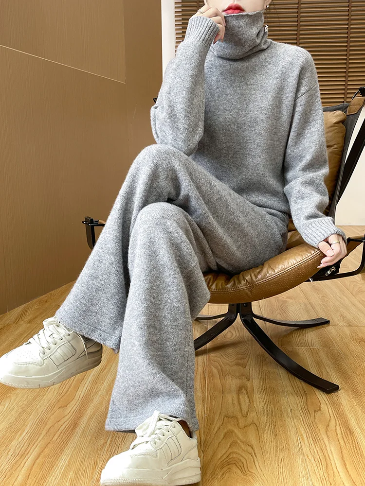 Women's Suit Fall Winter 100% Merino Wool Turtleneck Pullover Sweater Fashion High Waist Straight Pants Knitting Two Piece Set