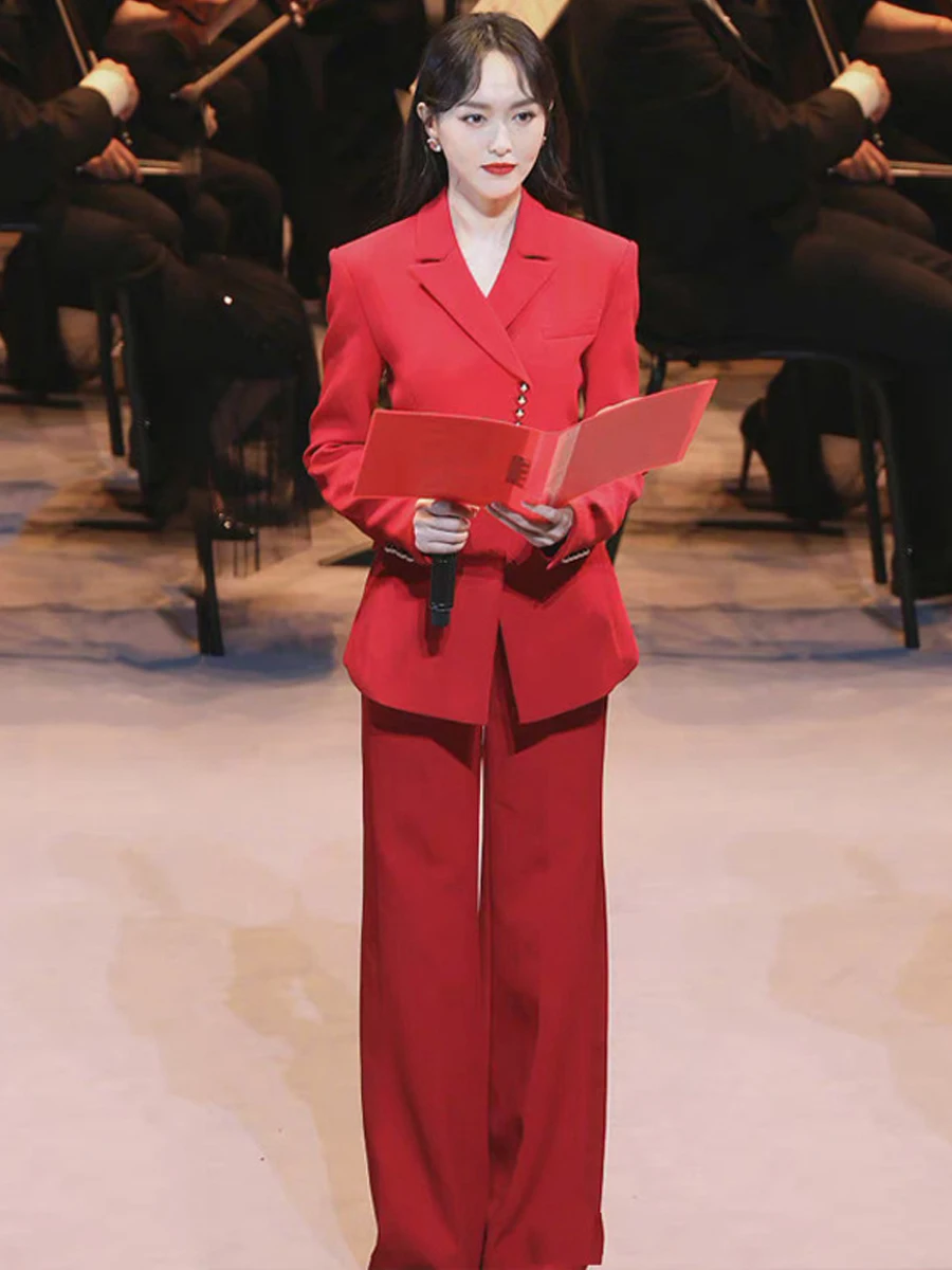 

Красный приталенный костюм-двойка для вечерних мероприятий, из полиэстера, однотонный, для повседневной носки, с поясом и пуговицами