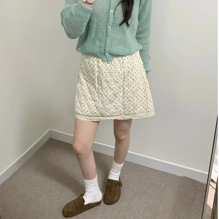 High Waist A-Line  Skirt Women's Chic Faion Dot Lace Trim Sweet Younging Effect Korean Sle Commute Friendly