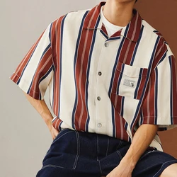 Vintage Turn-down Collar Buttoned Mens Shirt Fashion Striped Printing Short Sleeve Loose Shirts Summer Men Oversize Casual Shirt